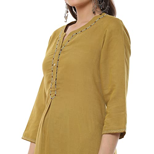BIBA WOMEN SOLID STRAIGHT SALWAR KURTA DUPATTA(SKDLINEN7894_OLIVE GREEN_34)