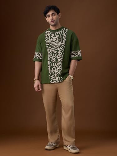 The Souled Store Nomad: Stone Carving Men and Boys Short Sleeves Round Neck Olive Graphic Printed Casual Drop Shoulder Streetwear Trendy Cotton Super Oversized T-Shirt