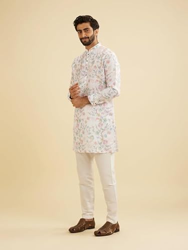 Manyavar Blended Cotton Men's Floral Print Kurta (Cream,XL)