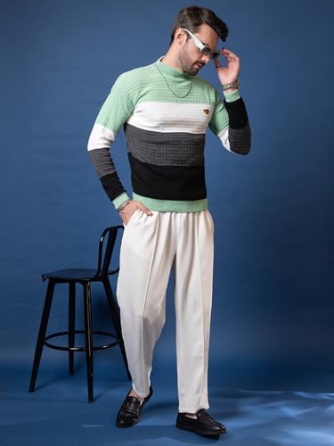 SWAAGLOK - STYLE THAT SPEAKS Men’s Colorblock Mock Neck Sweater | Textured Knit Pullover with Ribbed Hems | Stylish Slim Fit Winter Jumper for Casual & Weekend Wear (in, Alpha, S, Light Green)