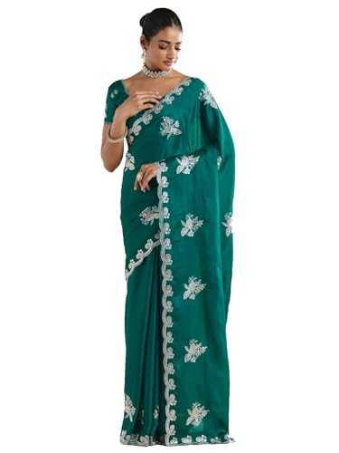 AKHILAM Women's Teal green Pure Chiffon Ethnic Motif Embellished Saree With Unstitched Blouse Piece (ANIKA2302_AG)