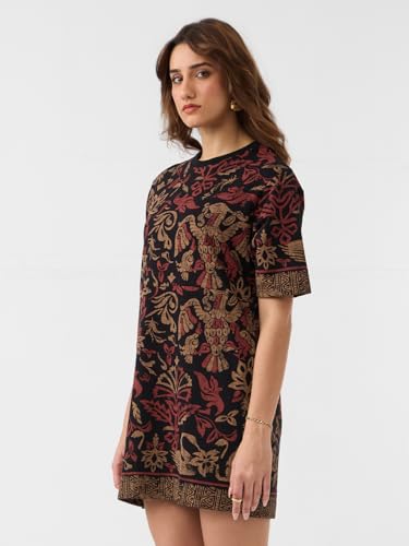 The Souled Store Nomad: Grace Women and Girls Short Sleeves Round Neck Black Abstract Printed Cotton Casual Everyday Mini Oversized T-Shirt Dress