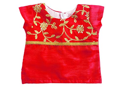 Stanwells Kids Girls Pea Green & Red Lehenga Choli Set | Net Embroidered Ethnic Dress | Traditional South Indian Pattu Pavadai (7–8 Years)