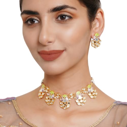 VOYLLA Festive Hues Enamelled Mirror Details Gold Plated Choker Jewellery Set For Women, Jewellery Set For Women, Womens Gift, Gift For Her