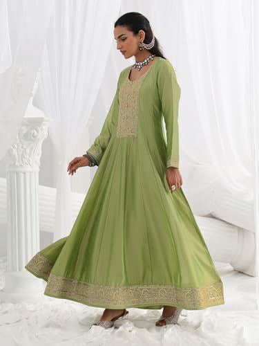 Libas Embroidered Silk Blend A-Line Ethnic Dress with Dupatta-93632L Green