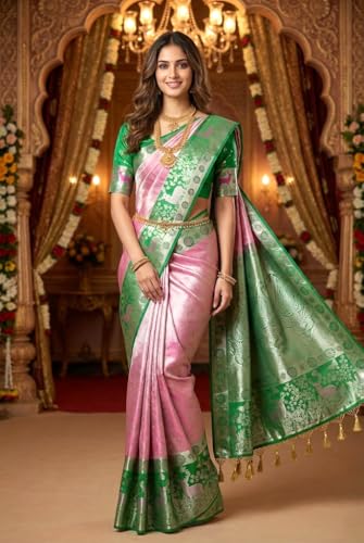 VFCollections Women's Traditional Handloom Kanchipuram Silk Pure Pattu Sarees | Rich Zari Woven Design | Bridal Saree | Unstitched Blouse-1