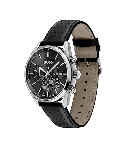 Hugo Boss Mens Leather Champion Analog Black Dial Watch-1513816, Band Color:Black