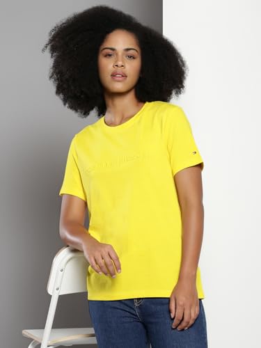 Tommy Hilfiger Women's Solid Regular Fit T-Shirt (S24HWKT249_Yellow