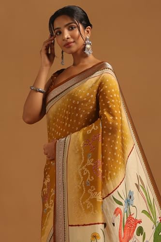 Soch Womens Gold Poly Viscose Bandhani Saree