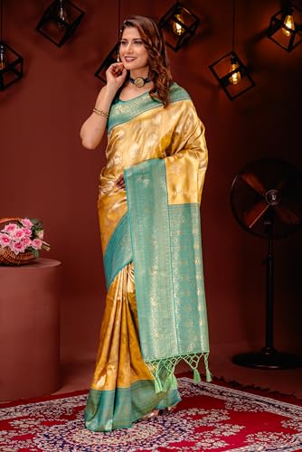 MIMOSA Women's Woven Design Kanjivaram Style Art Silk Saree With Blouse Piece : Sa00001783Gdfree,Gold