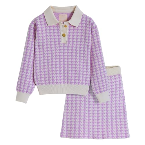Hopscotch Girls Full Sleeves Purple 2-Pc Houndstooth Textured Sweater & Skirt For Age (6-7 Years)