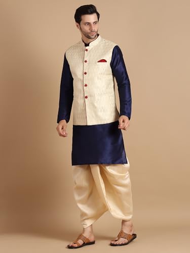 Uri and MacKenzie Men Kurta Dhoti with Waistcoat Jacket Blue Golden