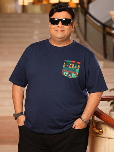Bigbanana Men Plus Size Printed Navy Round Neck Tshirt (Pouch,Navy,3XL)
