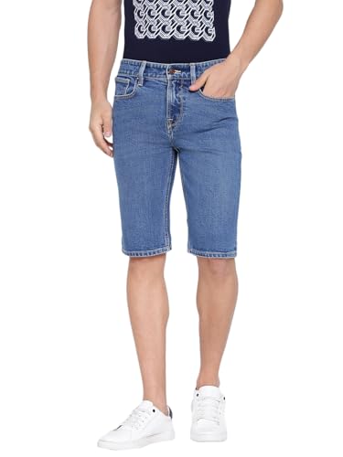 GUESS Blue Solid Mid Rise Slim Fit Denim Shorts