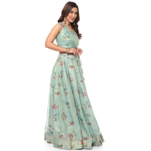 BIBA WOMEN PRINTED FLARED SALWAR KURTA DUPATTA(SKDPHOOL PH8265_SEA GREEN_42)