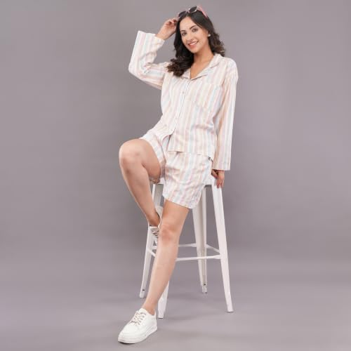 felrio Women's Stripe Lounge Co-Ord Set | Full Sleeve Button-Down Shirt & Matching Shorts Set | Soft Casual Loungewear Nightwear Co-Ord Outfit for Women | White Multi Stripe (XL)