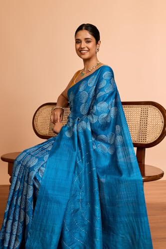 Taneira Women Blue Bengal Pure Tussar Silk Mukaish Saree with Unstitched Blouse Piece (SAIH01AC1472-Blue)