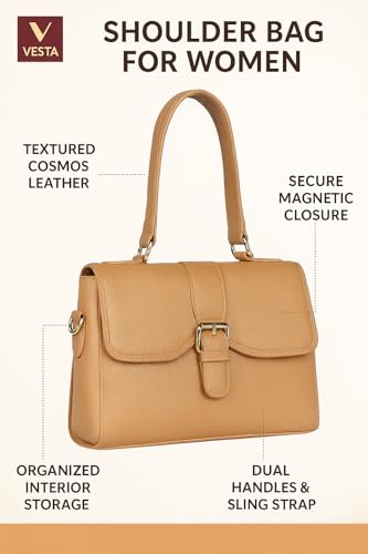 eske Vesta Shoulder Bag for Women | Cosmos Textured Leather | Magnetic Snap Closure | Dual Handles & Sling Strap | Spacious & Stylish Daily Handbag | Solid Pattern | Office, Casual & Travel Use