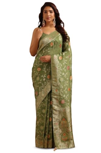 Soch Womens Olive Crepe Botanical Zari Woven Saree
