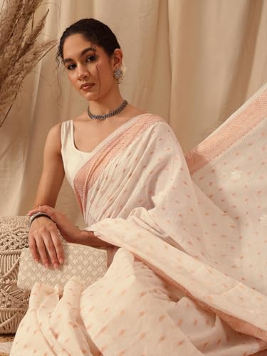 Ada Hand Embroidered Lucknowi Chikankari Chanderi Saree with Unstitched Blouse Piece for Women A311375 Off White