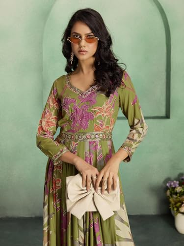 madhuram textiles Women's Rayon Print with Hand Embroidery Work Anarkali Long Gown(M-2543 Mehndi(Green)_Large)