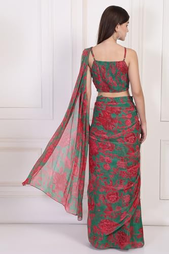 W for Woman Green Floral Printed Pre-Draped Georgette Saree with Blouse - (WS13897-127595-S)