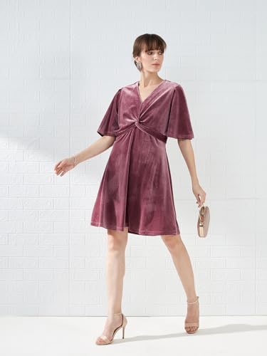 Latin Quarters Women's Pink Short Sleeves V-Neck Solid Party Above Knee Dress_XXL