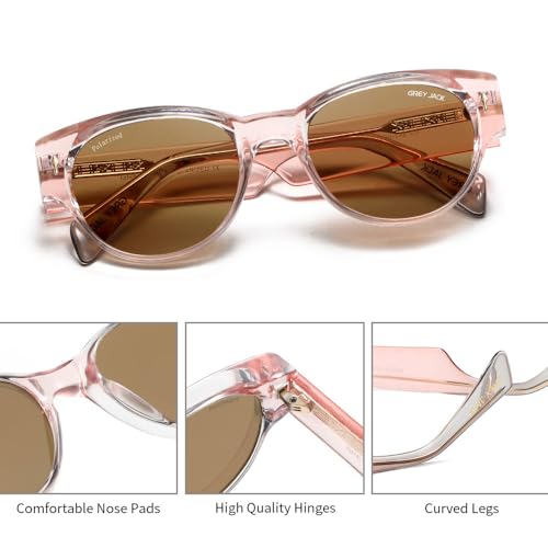 grey jack Oval TR90 Frame Polarized Sunglasses for Men Women,Classic Restro UV Protected Eyewear 3319 Transparent Pink Frame Brown Lens