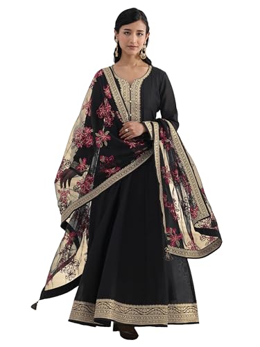 Libas Embroidered Silk Blend A-Line Ethnic Dress with Dupatta-93610L Black