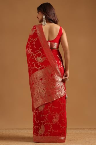 Soch Womens Red Satin Bird Motifs Zari Woven Saree