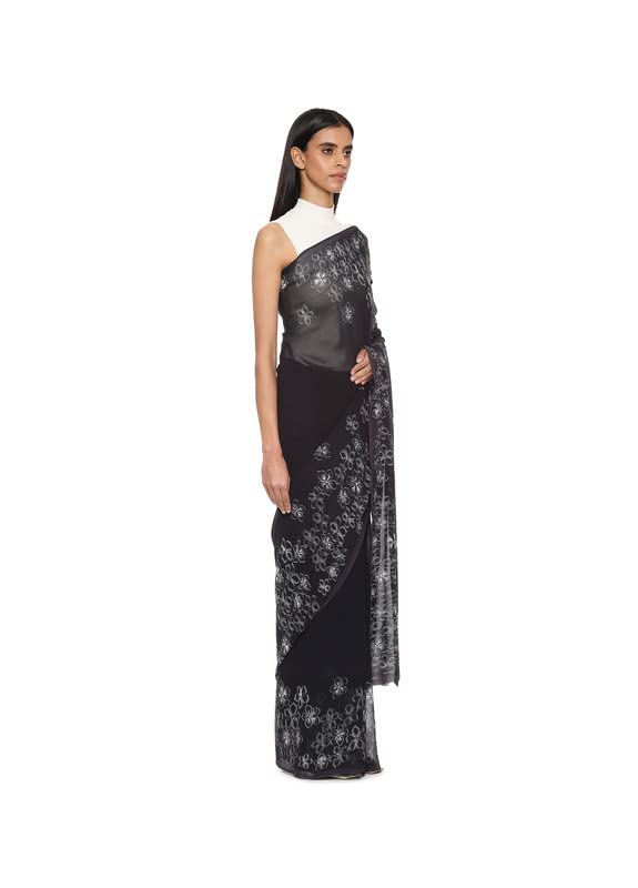 Satya Paul Black Georgette Silk Printed Saree with Blouse piece