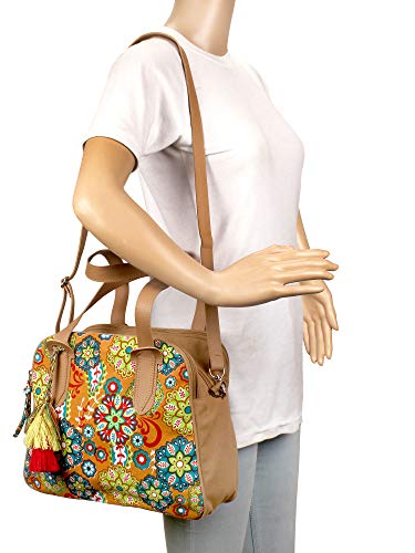 Anekaant Florid Printed Canvas & PU Shoulder Bag Beige & Multi