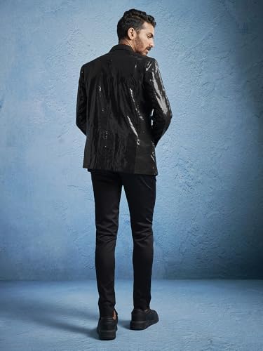 VASTRAMAY Men's Black Viscose Blazer & Pant Set - Allover Sequined Blazer Versatile to Be Adorned Over Shirt and Trouser