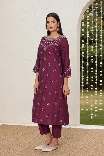 W for Woman Purple Embroidered Zari Sequined Straight Silk Blend Kurta with Straight Pant and Dupatta Set (WS13398-126131-S)
