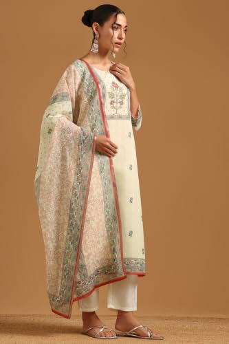Soch Womens Cream Linen Botanical Salwar Suit With Beads And Stones