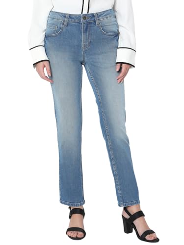 VERO MODA Womens Straight Fit Mid Rise Jeans Dark Blue Denim