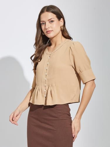 Latin Quarters Women Beige Round Neck Half Sleeves Solid Top Blouse for Casual Wear_M