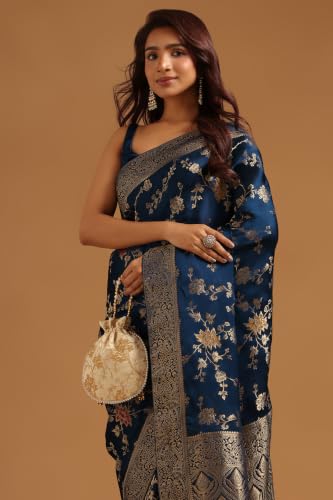 Soch Womens Navy Blue Satin Botanical Zari Woven Saree