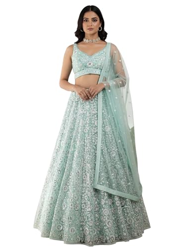Zeel Clothing Women's Sequins Embroidered Soft Net Designer Lehenga Choli with Dupatta (5126-Blue-Womens-New-Lehenga-Choli; Free Size) (Blue)