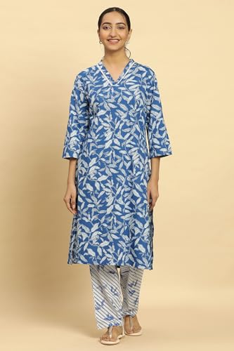 W for Woman Women's Cotton Kurta & Straight Pant (24FEWS10735-123552_Royal Blue