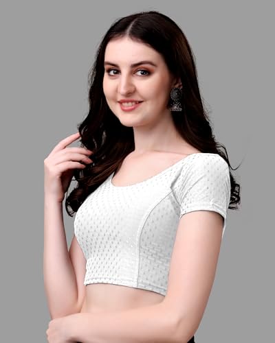 Mogsa Stylish Cotton Saree Blouse for Women | Soft Dobby Stretch Fabric | Round Neck | Stitched Blouse for Party, Casual & Festive Use (White, 34)