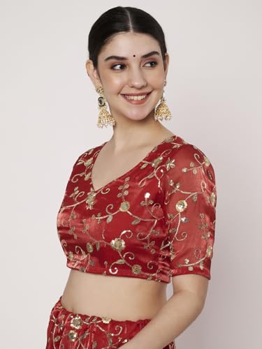 studio rasa Women's Organza Embroidered Readymade Blouse for Festive Wedding Party (TPWC725BL76XL_Red_X-Large)