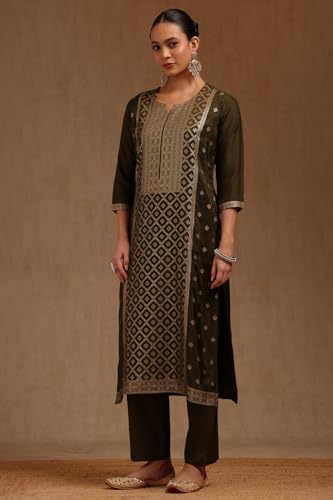 Soch Womens Green Russian Silk Zari Woven Kurta Set With Zari Woven