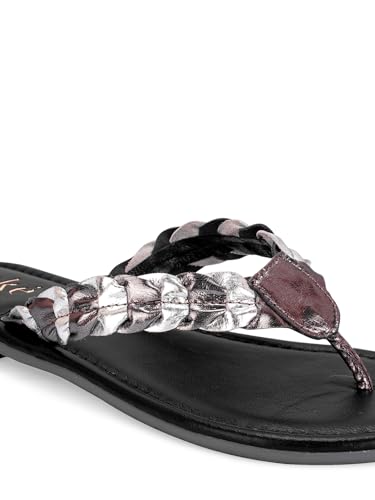 eske Ade Women's Embellished Leather Slip-On Sandals – Metallic Thong Flats with Cushioned Leather Insole | Lightweight & Stylish Open Toe Summer Footwear for Women (Pewter Silver, UK Footwear Size System, Adult, Women, Numeric, Medium, 5)