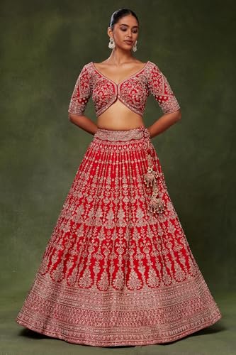 Women's Red Silk Bridal Lehenga with Zari Work