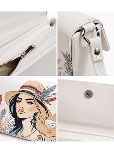 ITALISH Floral Art Print Crossbody Bag Leather Sling Bag with Magnetic Closure (White)