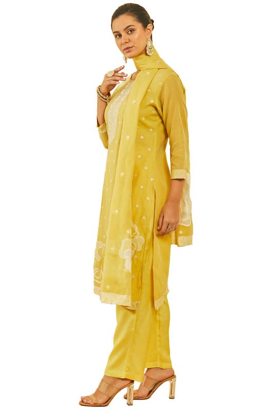 Soch Womens Yellow Chanderi Woven Design Suit Set