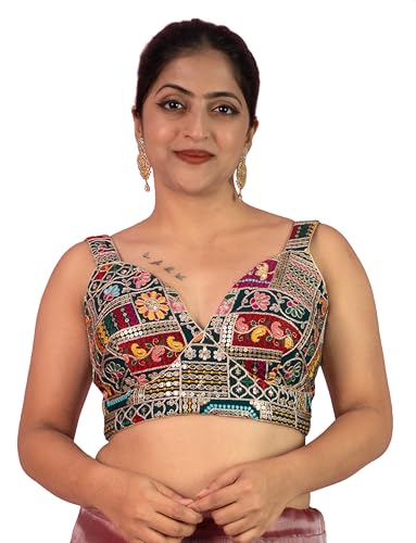 Women's Sequin Embroidered Designer Zari Lace Mirror Work Sweetheart Neck Sabyasachi Cut Sleeveless Readymade Saree Blouse Stitched Plus Size Padded Multicolor Top Pink White | E16 (Peacock Blue, 32)