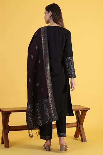 W for Woman Black Yarn Dyed Sequins A-Line Kurta & Straight Pant with Dupatta Set (Size: XS)-24NOWS11842-314128