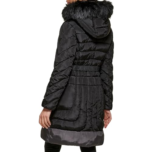 GUESS Women's Belted Hooded Cold Weather Coat, Black, L